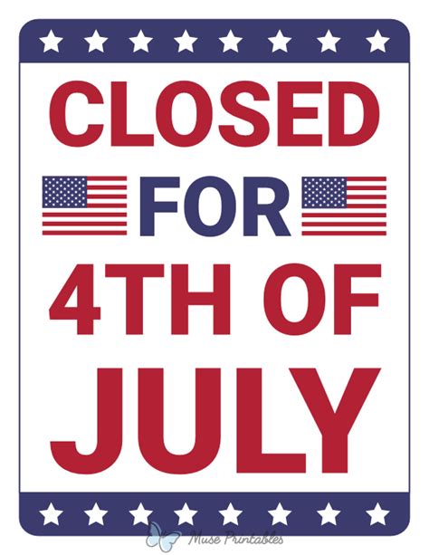 Printable Closed For 4th Of July Sign Template