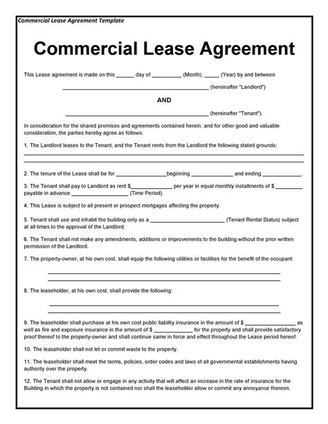 Printable Commercial Lease Agreement Template Free