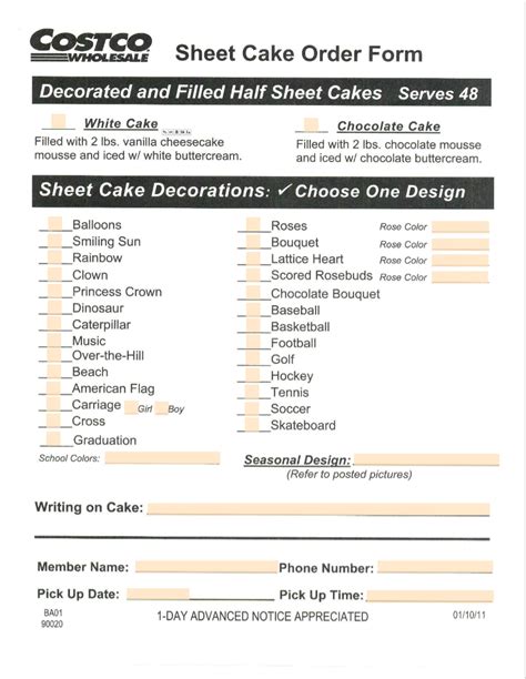 Printable Costco Cake Order Form