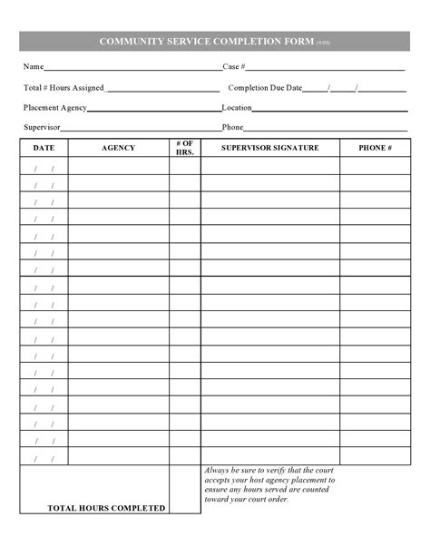 Printable Court Ordered Community Service Hours Log Sheet