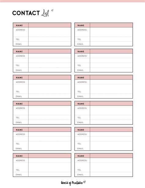 Printable Cute Contact List Template