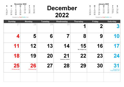 Printable December Calendar 2022 With Holidays