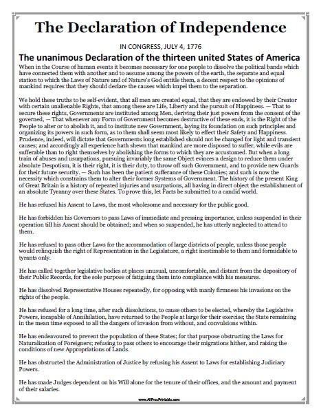 Printable Declaration Of Independence Text