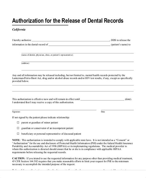 Printable Dental Records Release Form