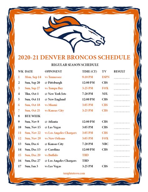 Printable Denver Broncos Schedule 2023 24