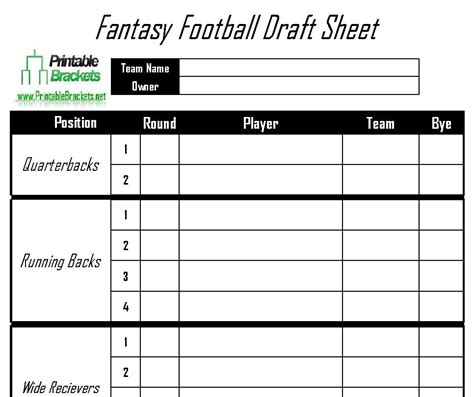 Printable Draft Sheets Fantasy Football