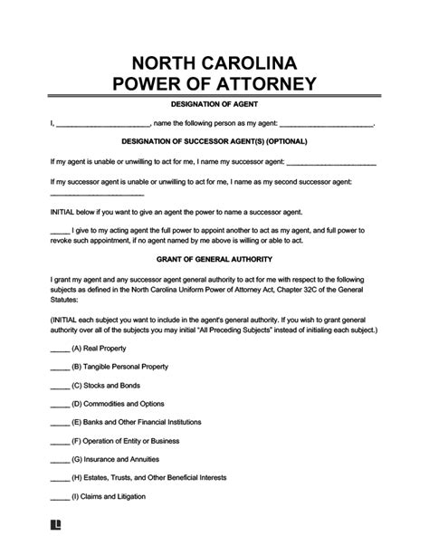 Printable Durable Power Of Attorney Form Nc