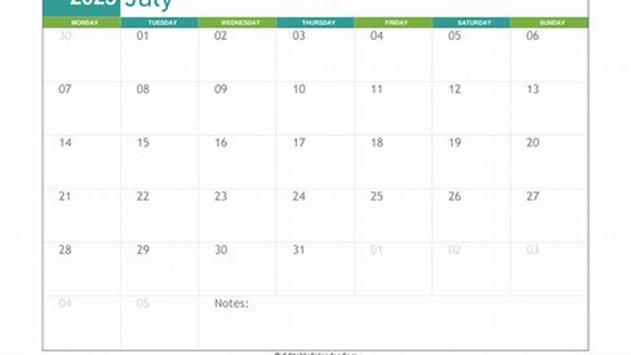 Printable Editable Calendar July 2025