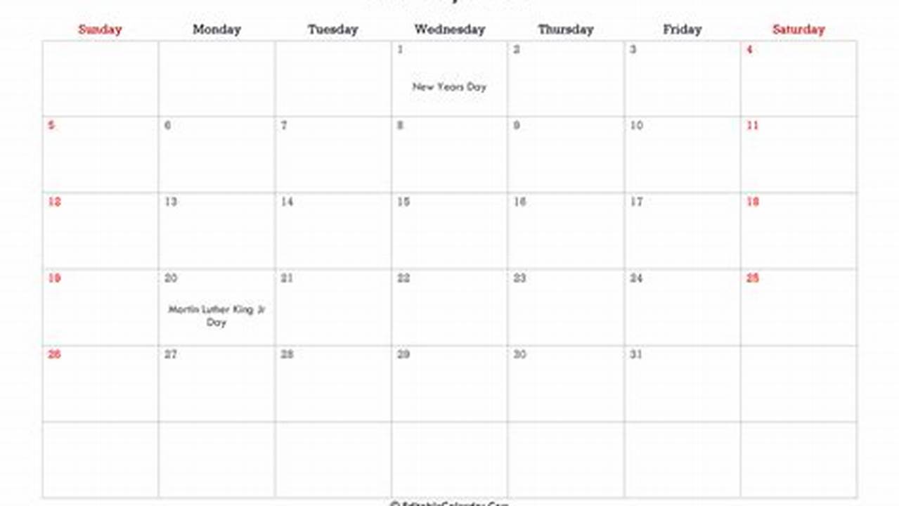 Printable Editable January 2025 Calendar