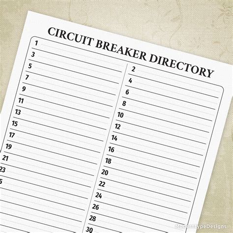 Printable Free Circuit Breaker Directory Template