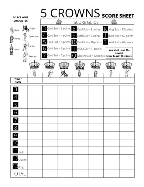 Printable Full Page Five Crowns Score Sheet