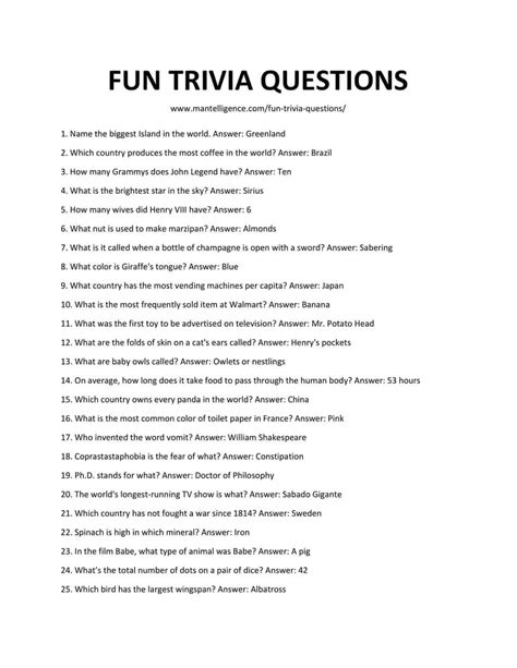 Printable Fun Trivia Questions And Answers