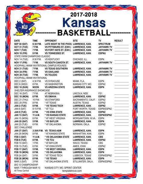 Printable Kansas Jayhawks Basketball Schedule