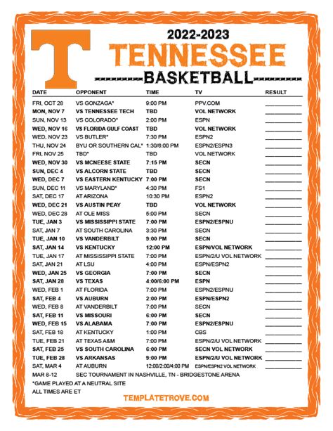 Printable Lady Vols Basketball Schedule