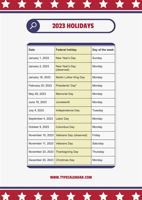 Printable List Of Holidays 2023