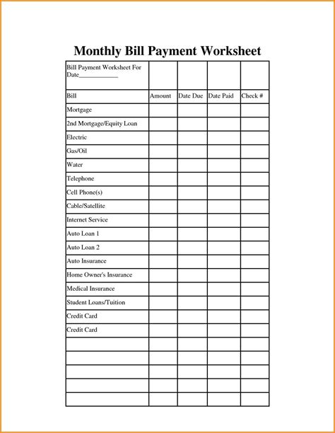 Printable Monthly Bills Spreadsheet
