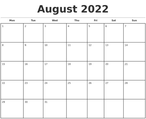 Printable Monthly Calendar August 2022