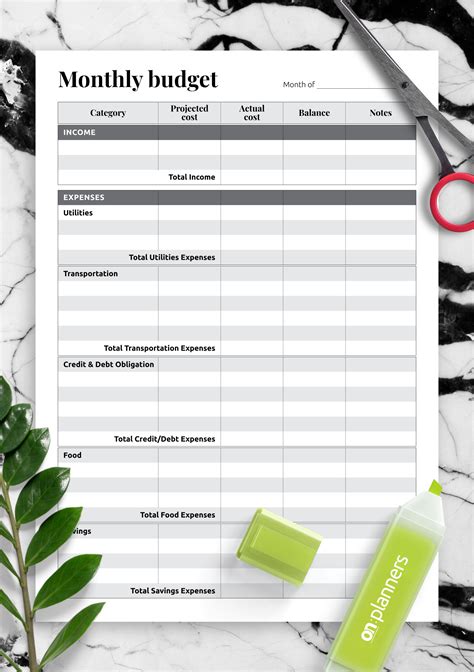 Printable Monthly Expenses Template