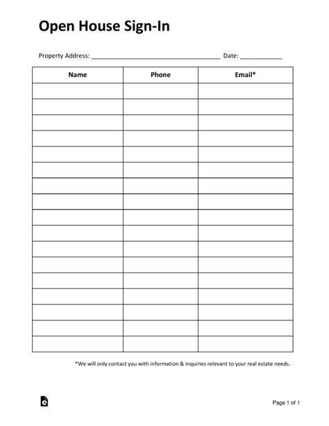Printable Open House Sign In Sheet