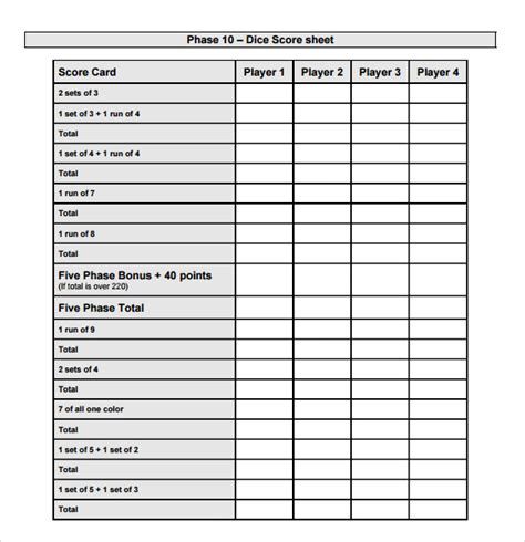 Printable Phase 10 Score Sheet