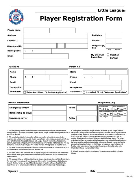 Printable Player Registration Form Template Word