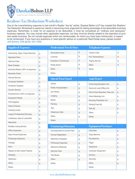 Printable Real Estate Agent Tax Deductions Worksheet