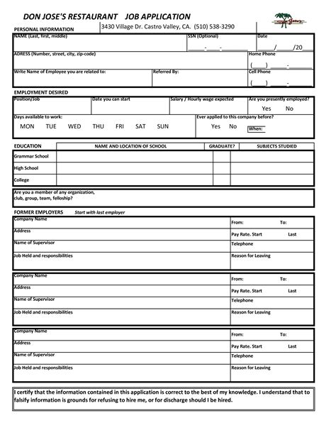 Printable Restaurant Application Form