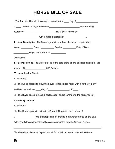 Printable Simple Horse Sale Contract