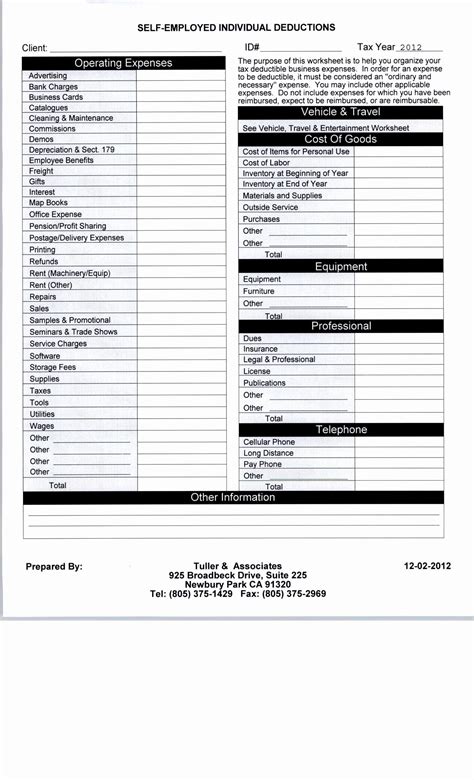 Printable Small Business Tax Deductions Worksheet