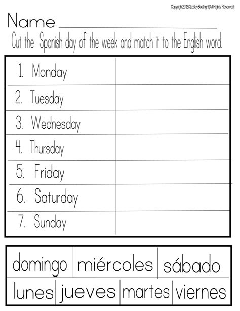 Free Printable Spanish Days of the Week Worksheet