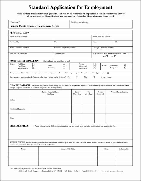 Printable Standard Application For Employment