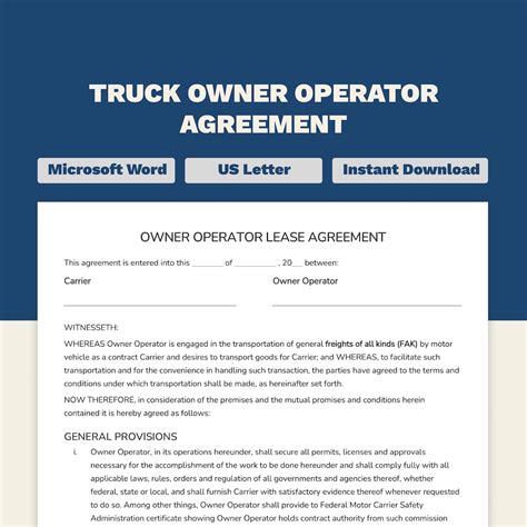 Printable Trucking Company Owner Operator Lease Agreement Form Pdf