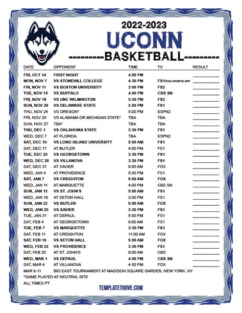 Printable Uconn Men's Basketball Schedule