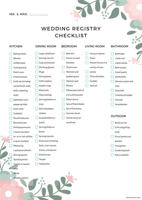 Printable Wedding Registry Checklist