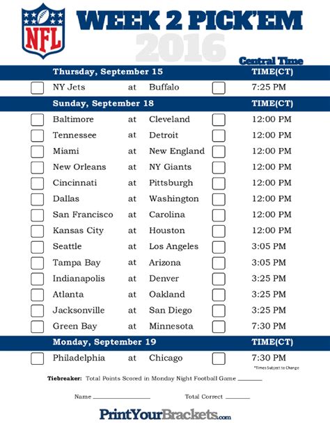 Printable Week 2 Nfl Schedule