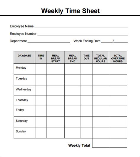 Printable Weekly Time Sheets Template Business
