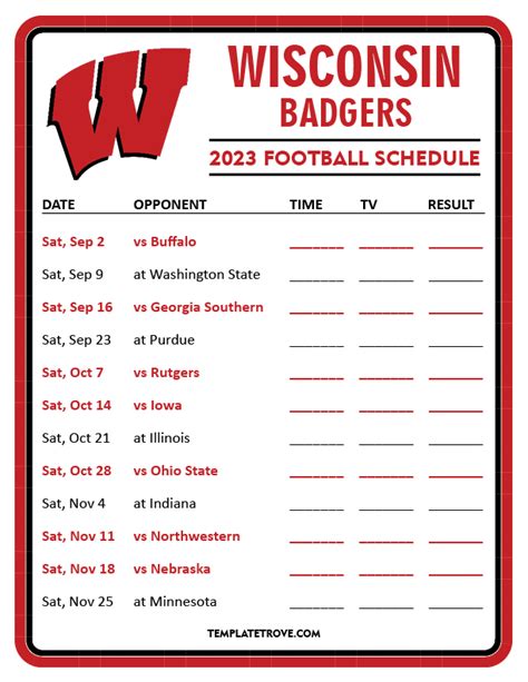Printable Wisconsin Badgers Football Schedule