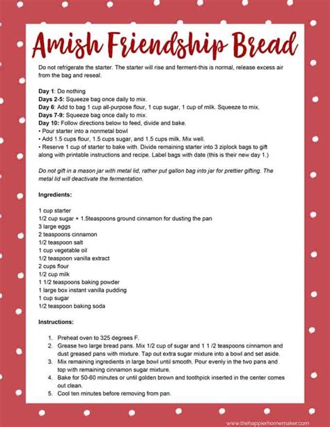 Printable 10 Day Amish Recipe Amish Friendship Bread Instructions