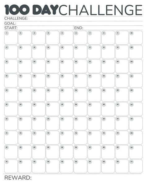 Printable 100 Day Challenge Calendar