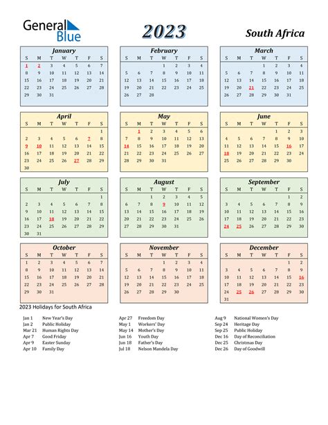 Calendar 2023 South Africa Free Printable PDF