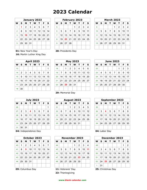 Printable 2023 Yearly Calendar With Holidays