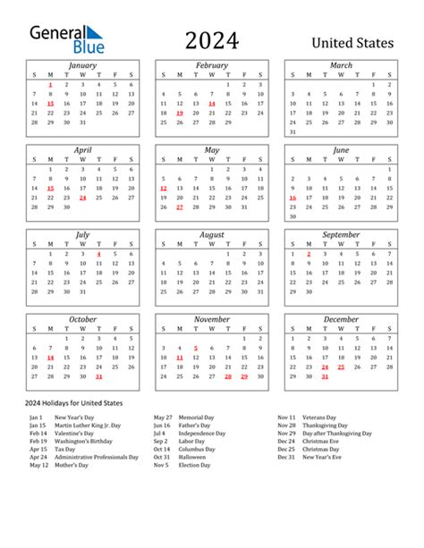 Printable 2024 Calendar With Us Holidays