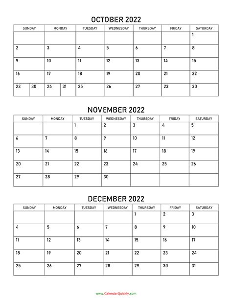 Printable 3 Month Calendar October November December 2022