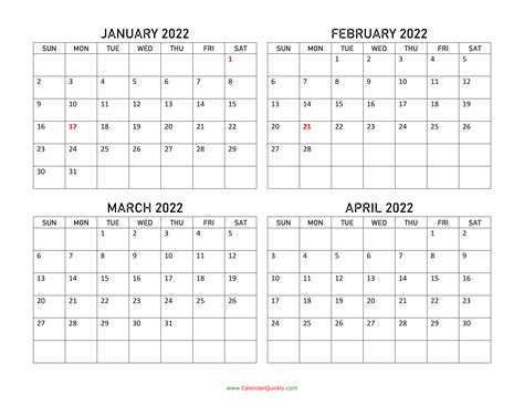Printable 4 Month Calendar 2022