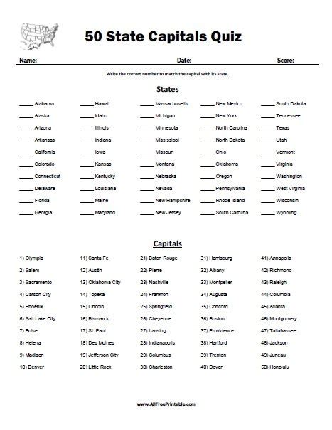 Printable 50 States And Capitals Quiz