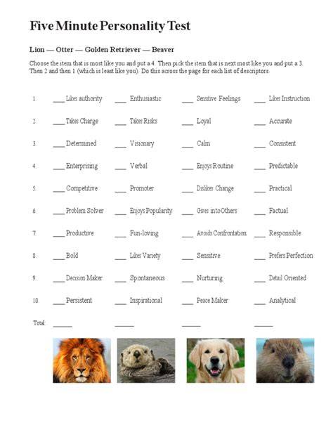 Printable Animal Personality Test