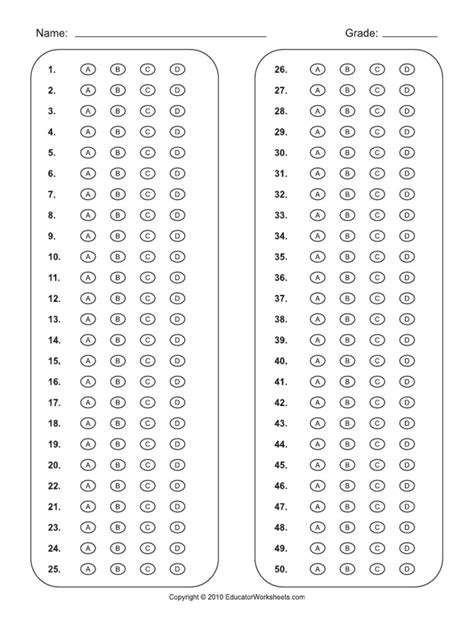 Printable Answer Sheet 1-50