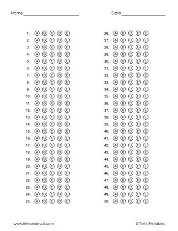 Printable Answer Sheet Templates Pdf For Multiple Choice Tests