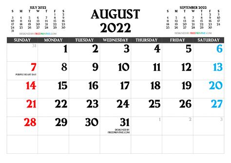 Printable August 2022 Calender