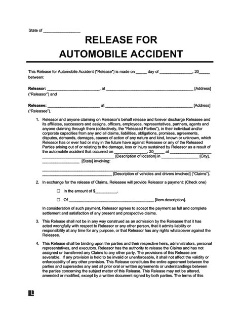 Printable Auto Accident Release Form Sample
